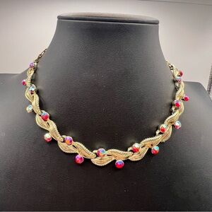 Vintage Coro Gold Tone & Red AB Choker Necklace